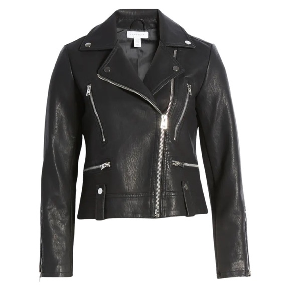 TOPSHOP Fred Faux Leather Biker Jacket Size: 4P Color: Black - Picture 3 of 16